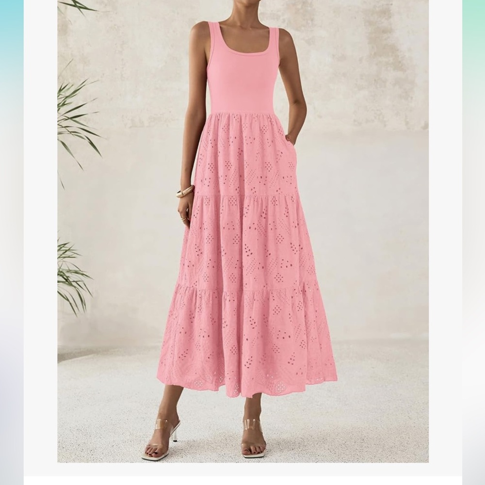 Pink Tiered A-line Maxi Dress with pockets - Picture 5 of 11